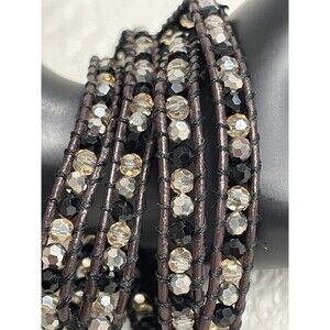 Glass Bead & Leather Wrap Bracelet /Necklace 32”
